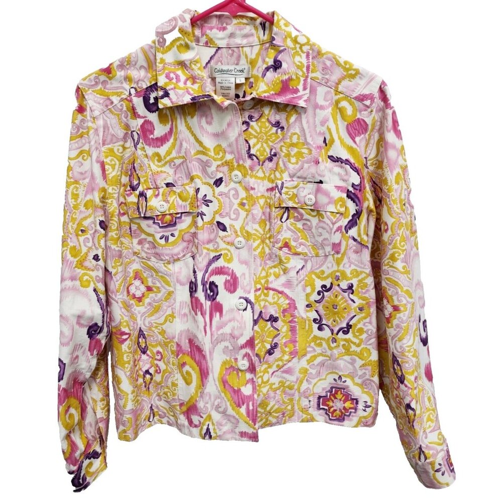 Coldwater Creek Jacket Womens Small Yellow Pink Floral BOHO Lightweight Vibrant